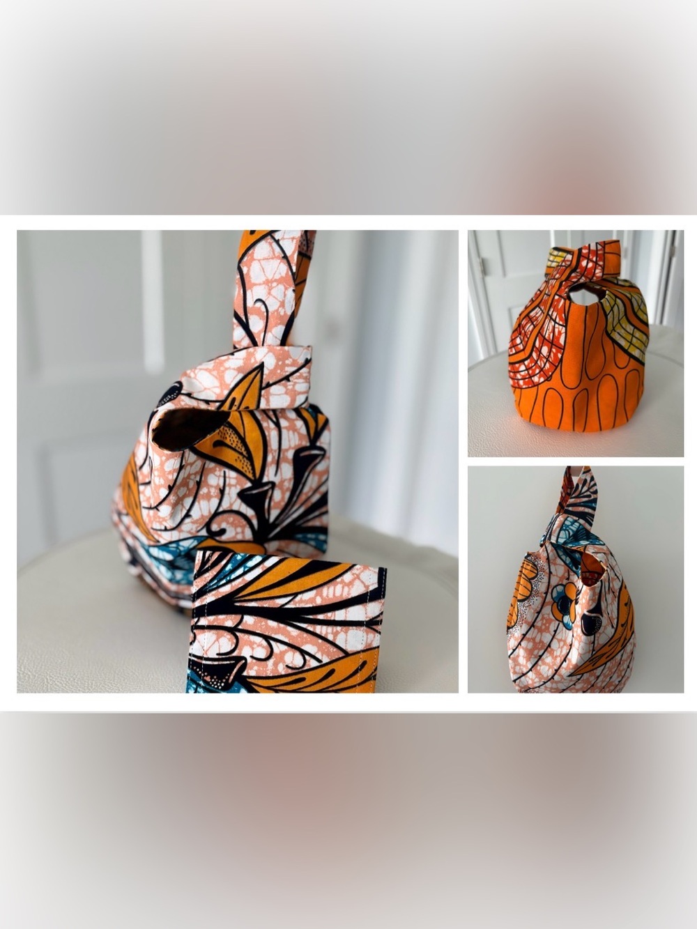 Reversible Wristlet Knot Bag with Contrasting Lining and Matching Card Holder